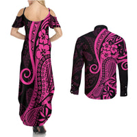 Pink Polynesia Paisley Couples Matching Summer Maxi Dress and Long Sleeve Button Shirt Polynesian With Tropical Flowers LT14 - Polynesian Pride