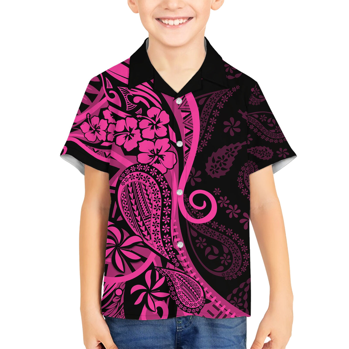 Pink Polynesia Paisley Family Matching Off Shoulder Short Dress and Hawaiian Shirt Polynesian With Tropical Flowers LT14 Son's Shirt Pink - Polynesian Pride