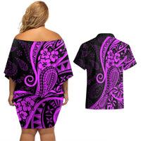 Polynesia Paisley Couples Matching Off Shoulder Short Dress and Hawaiian Shirt Polynesian With Tropical Flowers - Purple LT14 - Polynesian Pride
