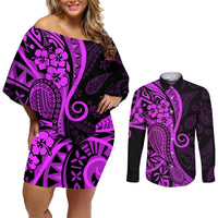 Polynesia Paisley Couples Matching Off Shoulder Short Dress and Long Sleeve Button Shirt Polynesian With Tropical Flowers - Purple LT14 Purple - Polynesian Pride