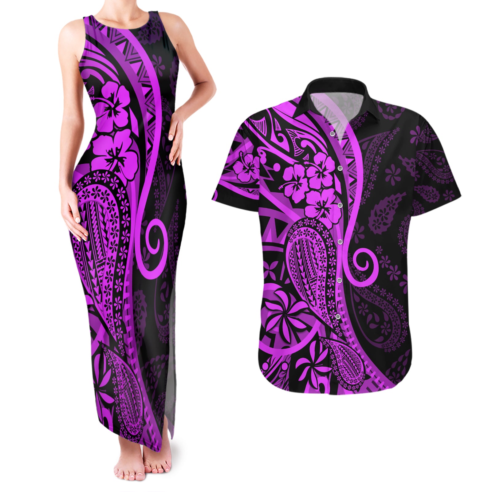 Polynesia Paisley Couples Matching Tank Maxi Dress and Hawaiian Shirt Polynesian With Tropical Flowers - Purple LT14 Purple - Polynesian Pride