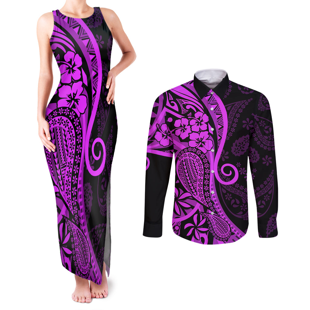 Polynesia Paisley Couples Matching Tank Maxi Dress and Long Sleeve Button Shirt Polynesian With Tropical Flowers - Purple LT14 Purple - Polynesian Pride