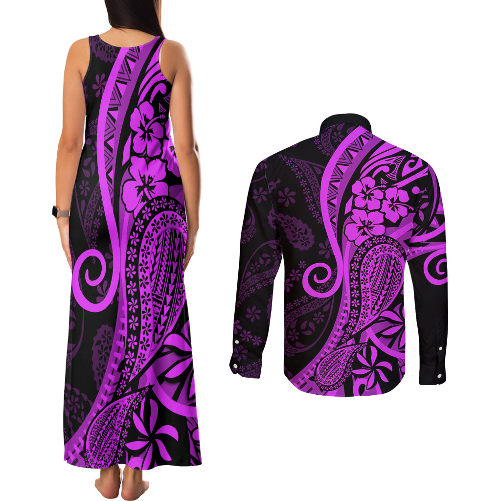 Polynesia Paisley Couples Matching Tank Maxi Dress and Long Sleeve Button Shirt Polynesian With Tropical Flowers - Purple LT14 - Polynesian Pride