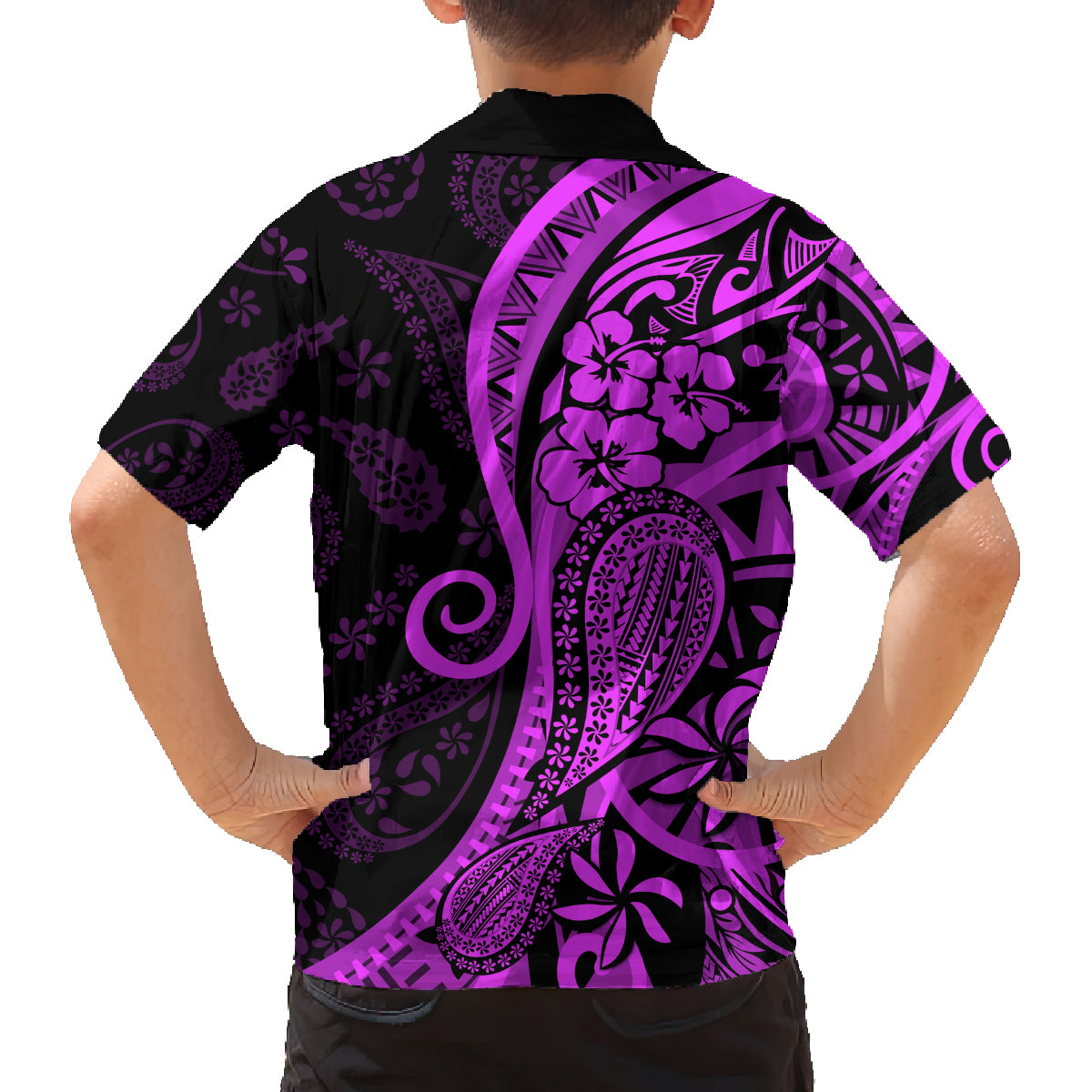 Polynesia Paisley Family Matching Off Shoulder Short Dress and Hawaiian Shirt Polynesian With Tropical Flowers - Purple LT14 - Polynesian Pride