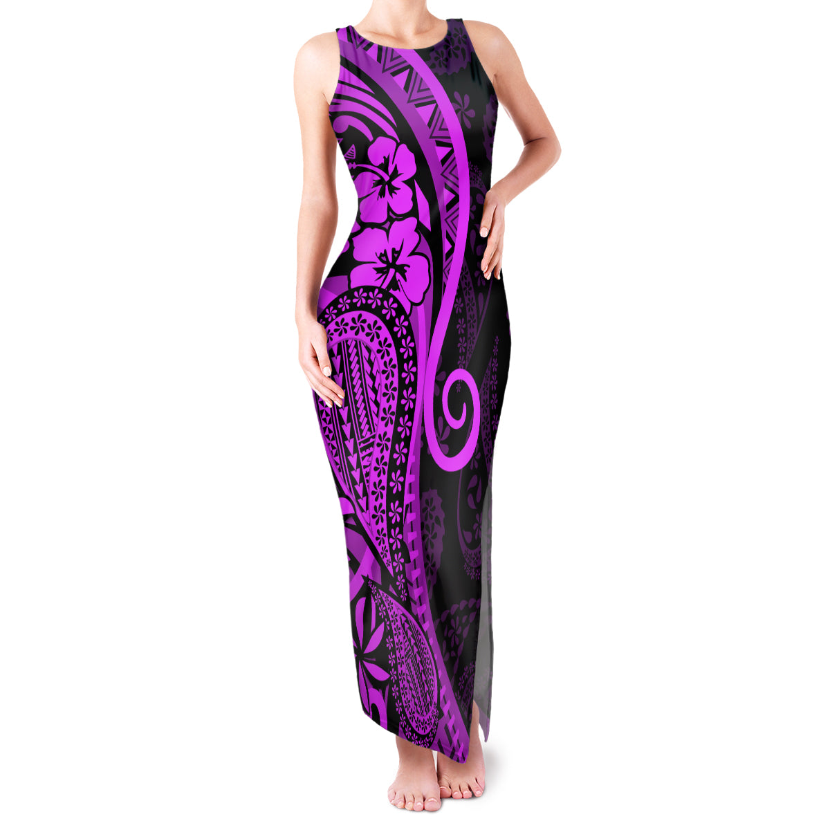 Polynesia Paisley Family Matching Tank Maxi Dress and Hawaiian Shirt Polynesian With Tropical Flowers - Purple LT14 Mom's Dress Purple - Polynesian Pride