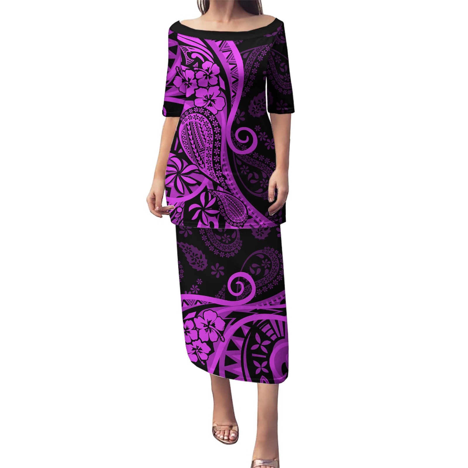Polynesia Paisley Puletasi Polynesian With Tropical Flowers - Purple LT14 Long Dress Purple - Polynesian Pride