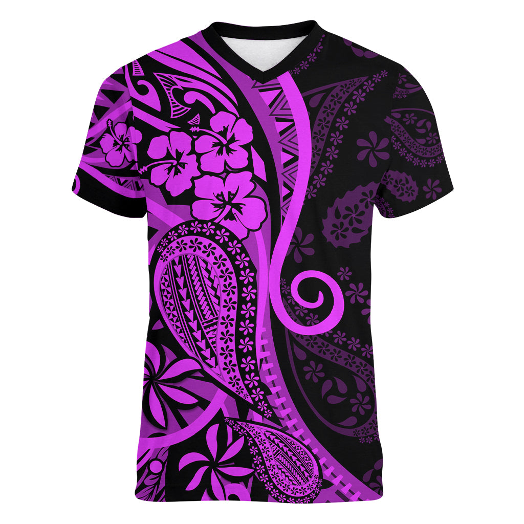 Polynesia Paisley Women V Neck T Shirt Polynesian With Tropical Flowers - Purple LT14 Female Purple - Polynesian Pride