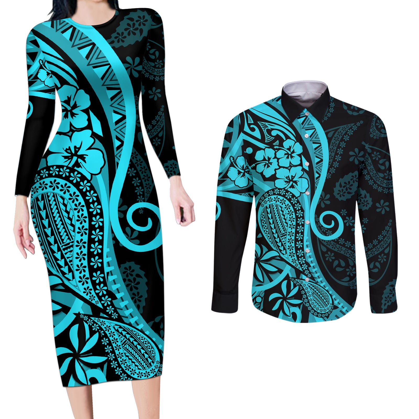 Polynesia Paisley Couples Matching Long Sleeve Bodycon Dress and Long Sleeve Button Shirt Polynesian With Tropical Flowers - Turquoise LT14 Turquoise - Polynesian Pride