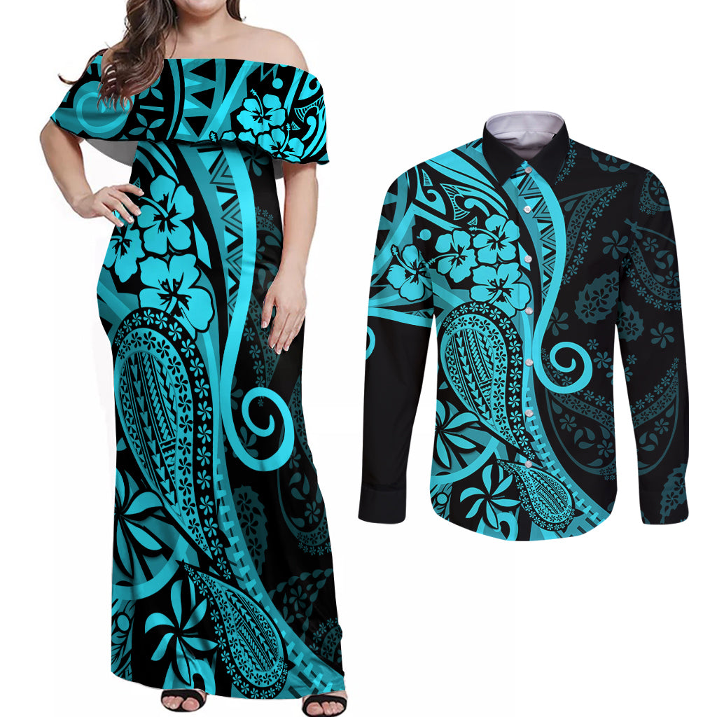 Polynesia Paisley Couples Matching Off Shoulder Maxi Dress and Long Sleeve Button Shirt Polynesian With Tropical Flowers - Turquoise LT14 Turquoise - Polynesian Pride