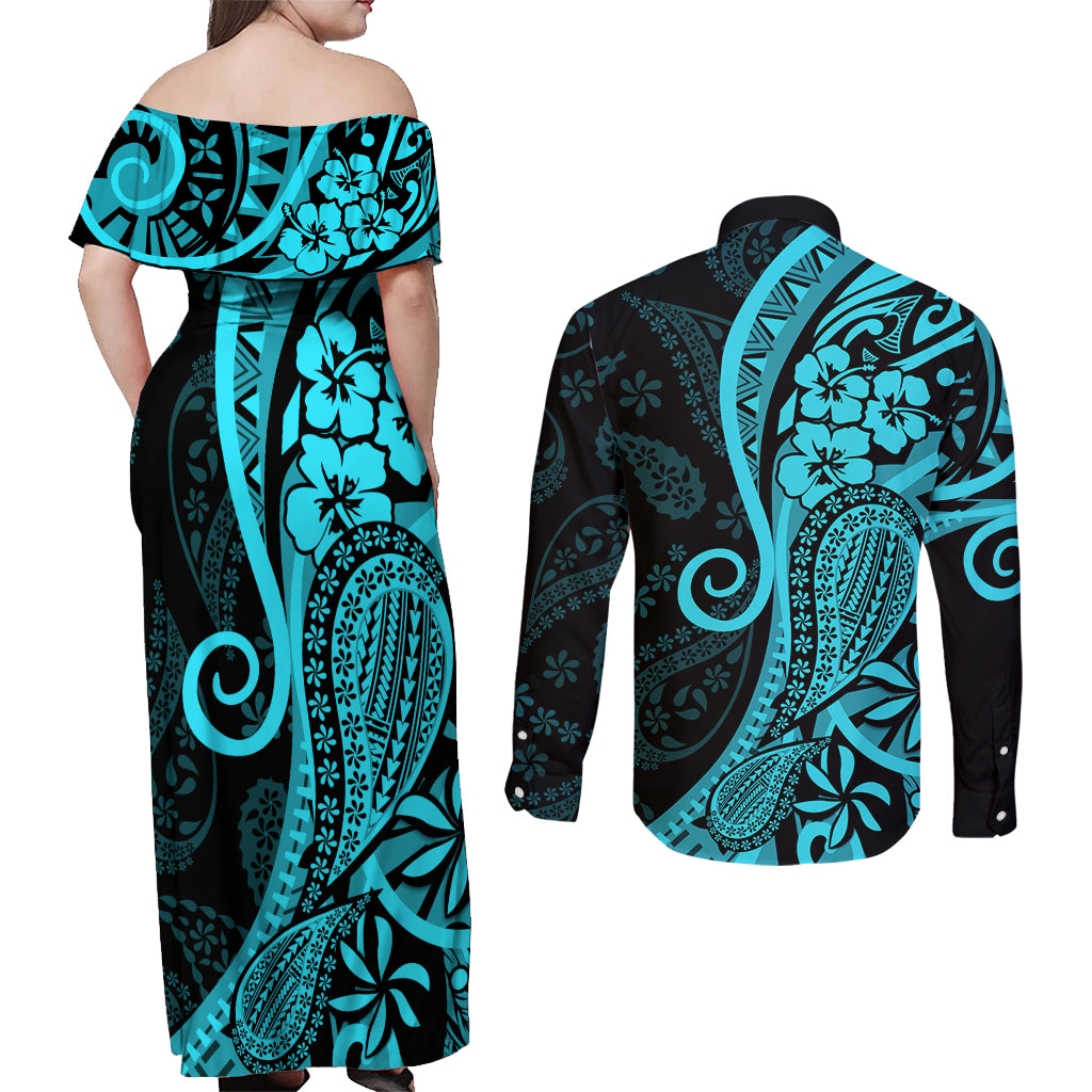 Polynesia Paisley Couples Matching Off Shoulder Maxi Dress and Long Sleeve Button Shirt Polynesian With Tropical Flowers - Turquoise LT14 - Polynesian Pride