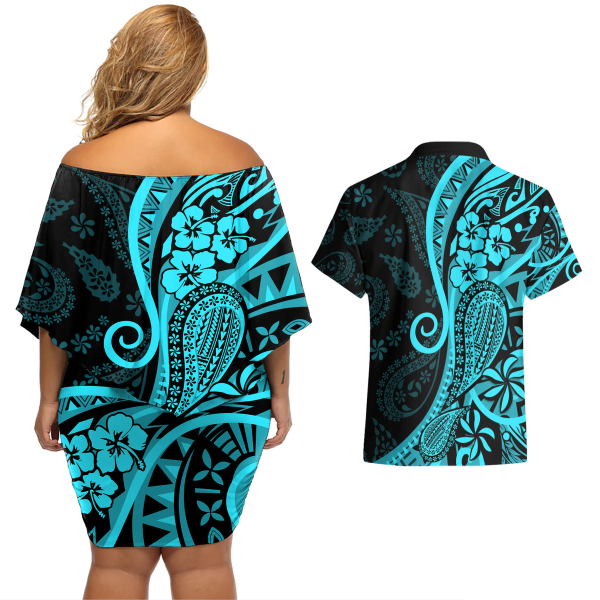 Polynesia Paisley Couples Matching Off Shoulder Short Dress and Hawaiian Shirt Polynesian With Tropical Flowers - Turquoise LT14 - Polynesian Pride
