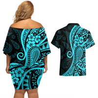 Polynesia Paisley Couples Matching Off Shoulder Short Dress and Hawaiian Shirt Polynesian With Tropical Flowers - Turquoise LT14 - Polynesian Pride