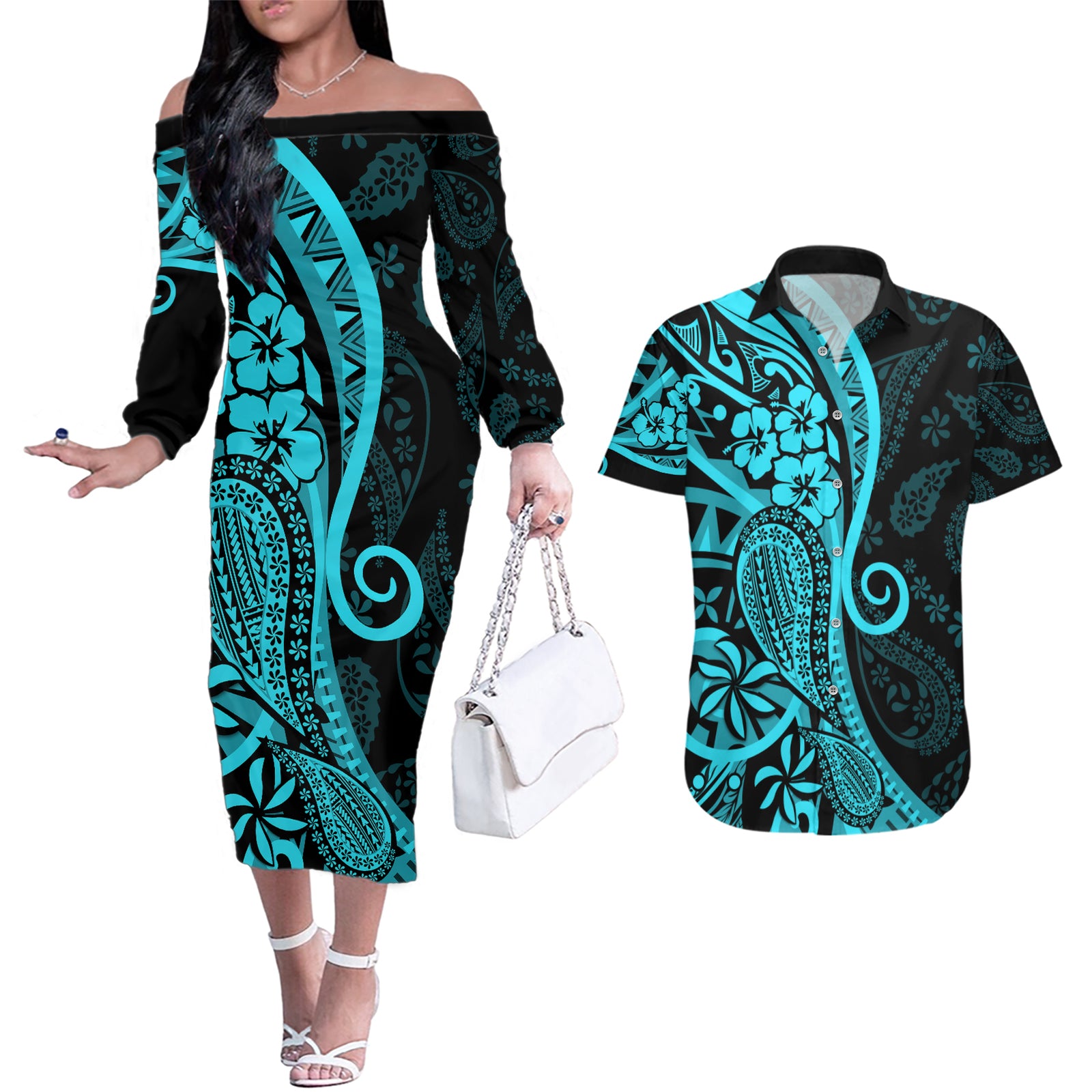 Polynesia Paisley Couples Matching Off The Shoulder Long Sleeve Dress and Hawaiian Shirt Polynesian With Tropical Flowers - Turquoise LT14 Turquoise - Polynesian Pride