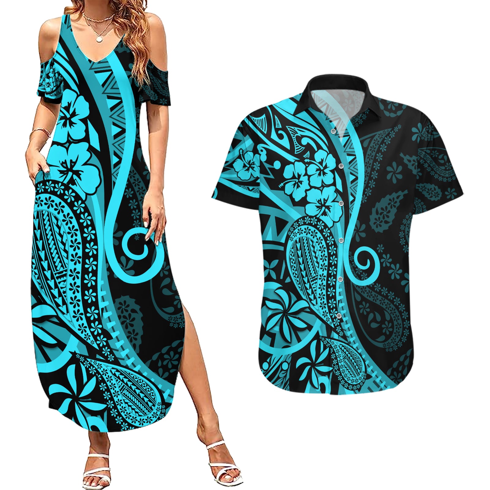 Polynesia Paisley Couples Matching Summer Maxi Dress and Hawaiian Shirt Polynesian With Tropical Flowers - Turquoise LT14 Turquoise - Polynesian Pride
