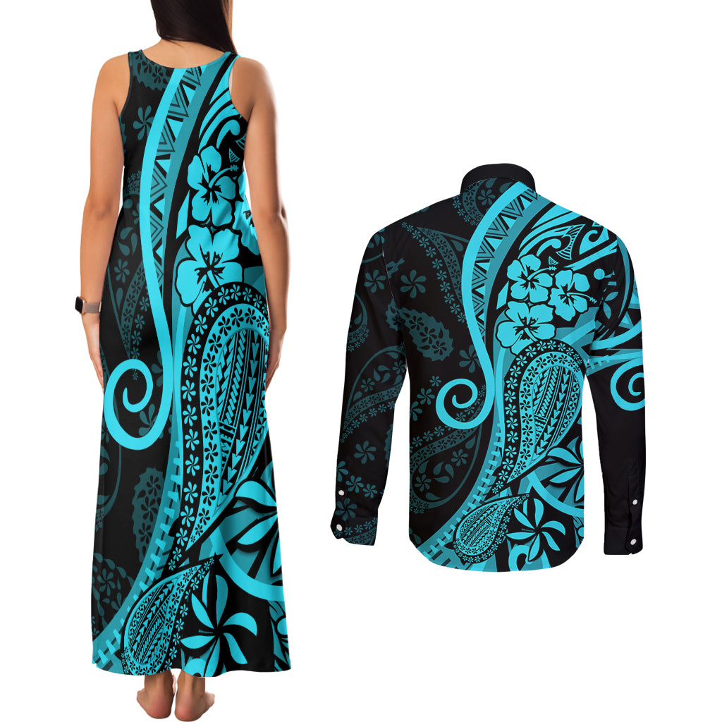 Polynesia Paisley Couples Matching Tank Maxi Dress and Long Sleeve Button Shirt Polynesian With Tropical Flowers - Turquoise LT14 - Polynesian Pride