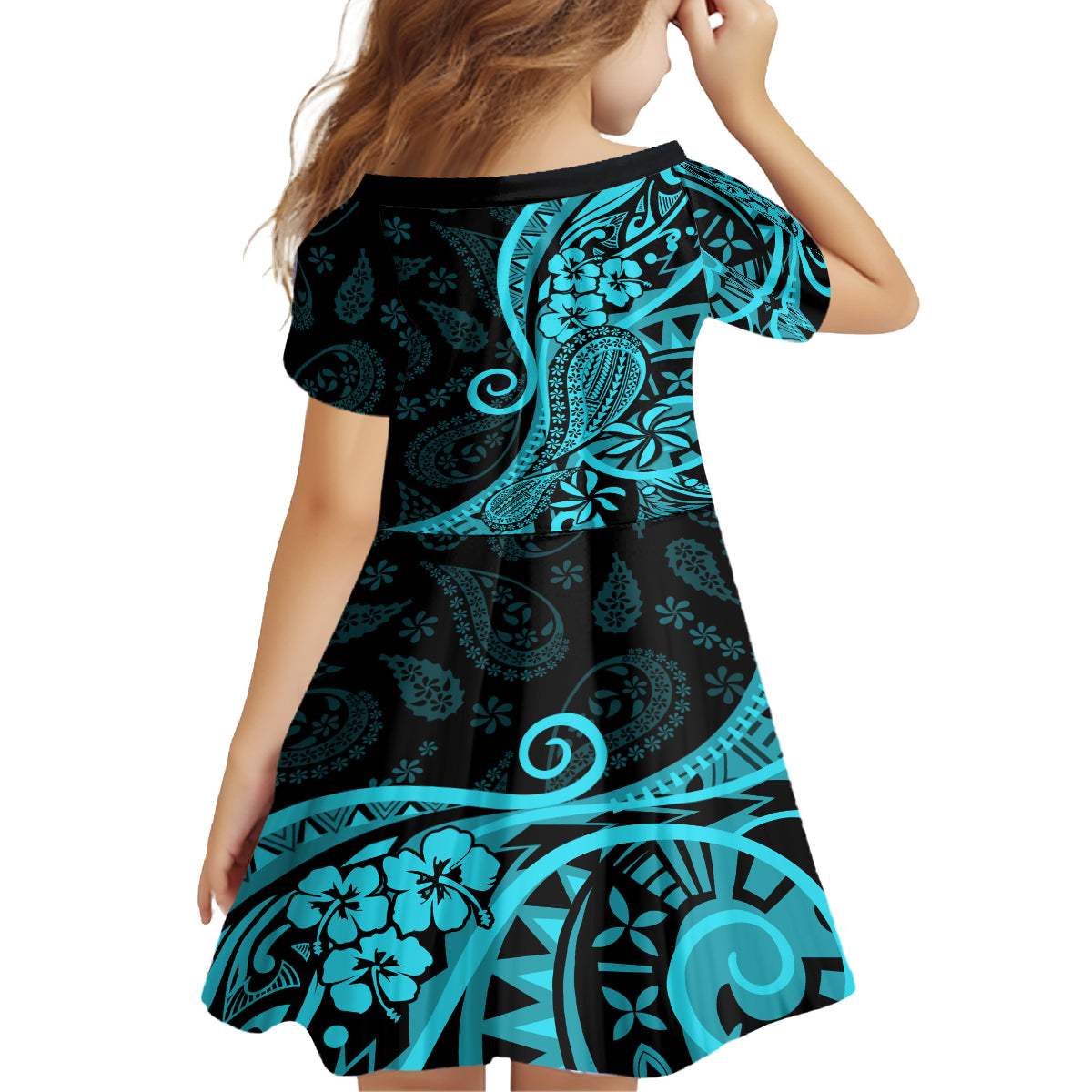 Polynesia Paisley Family Matching Off Shoulder Short Dress and Hawaiian Shirt Polynesian With Tropical Flowers - Turquoise LT14 - Polynesian Pride