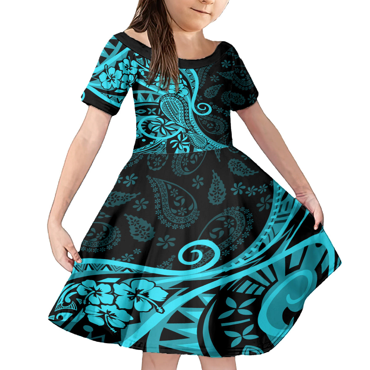 Polynesia Paisley Family Matching Puletasi Dress and Hawaiian Shirt Polynesian With Tropical Flowers - Turquoise LT14 Daughter's Dress Turquoise - Polynesian Pride