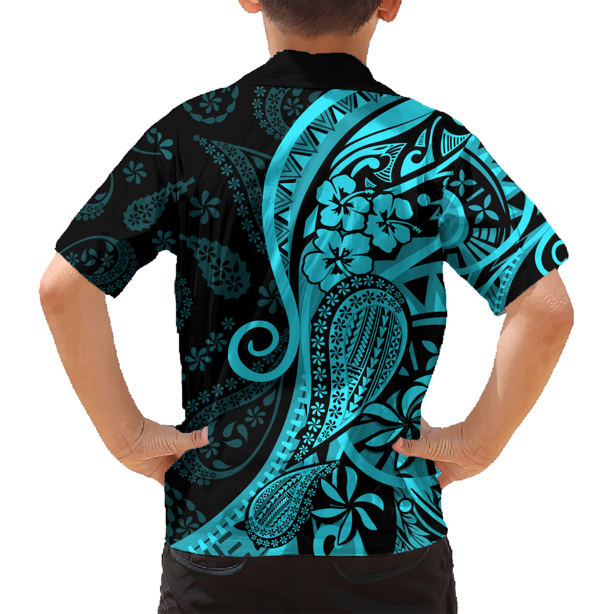 Polynesia Paisley Kid Hawaiian Shirt Polynesian With Tropical Flowers - Turquoise LT14 - Polynesian Pride