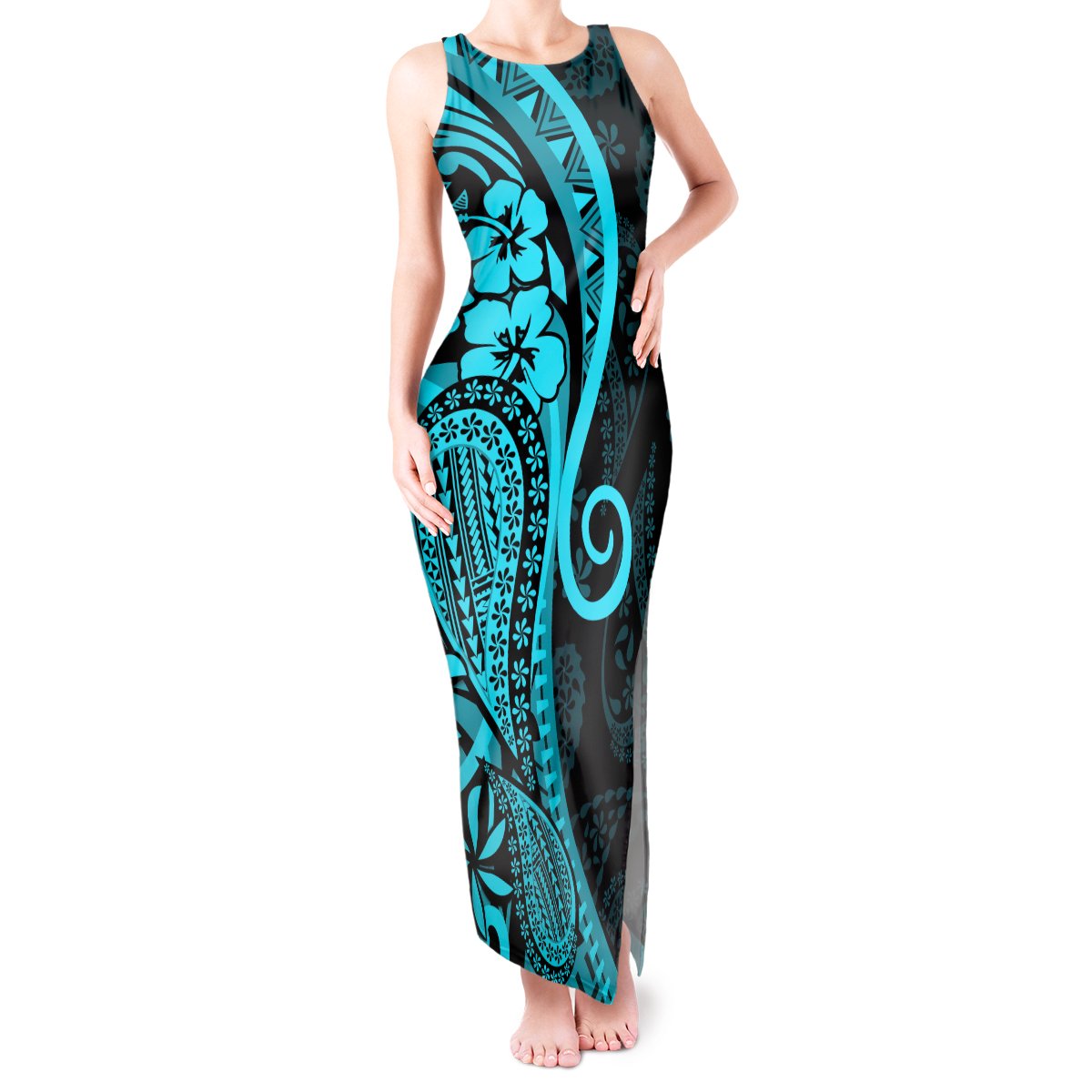 Polynesia Paisley Tank Maxi Dress Polynesian With Tropical Flowers - Turquoise LT14 Women Turquoise - Polynesian Pride