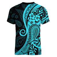 Polynesia Paisley Women V Neck T Shirt Polynesian With Tropical Flowers - Turquoise LT14 - Polynesian Pride