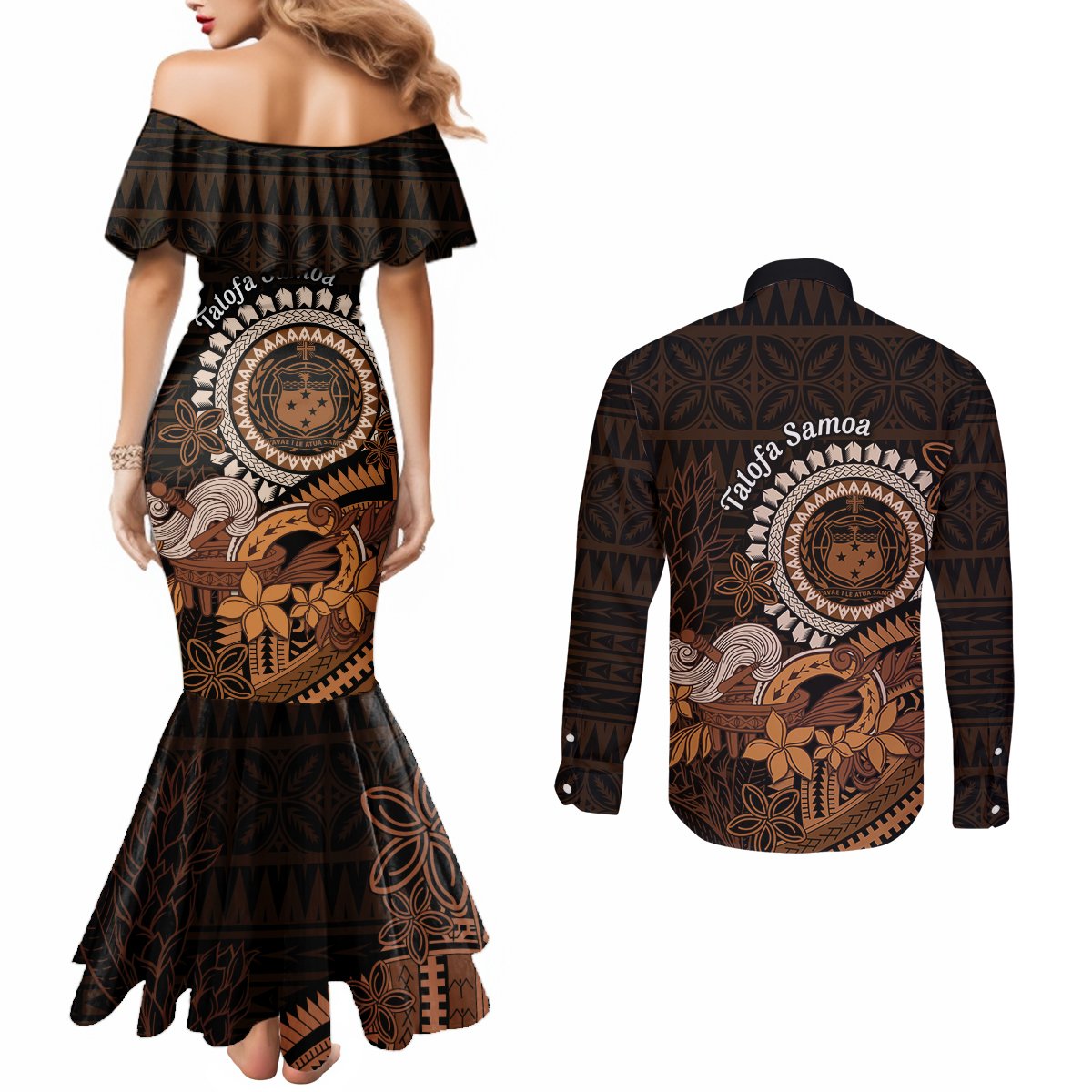Talofa Samoa Couples Matching Mermaid Dress and Long Sleeve Button Shirt Samoan Kava Bowl Siapo Pattern - Brown LT14 - Polynesian Pride