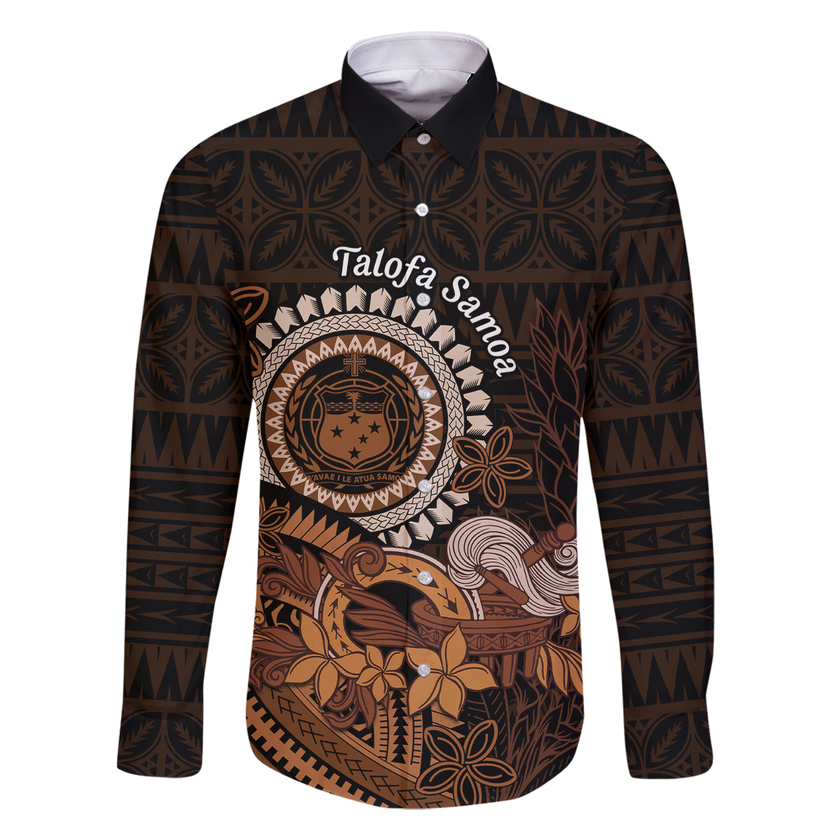 Talofa Samoa Family Matching Mermaid Dress and Hawaiian Shirt Samoan Kava Bowl Siapo Pattern - Brown LT14 Dad's Shirt - Long Sleeve Brown - Polynesian Pride