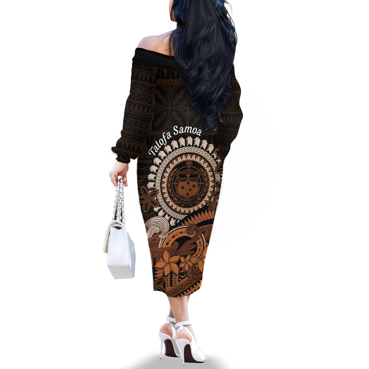 Talofa Samoa Family Matching Off Shoulder Long Sleeve Dress and Hawaiian Shirt Samoan Kava Bowl Siapo Pattern - Brown LT14 - Polynesian Pride