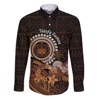 Talofa Samoa Family Matching Off Shoulder Short Dress and Hawaiian Shirt Samoan Kava Bowl Siapo Pattern - Brown LT14 Dad's Shirt - Long Sleeve Brown - Polynesian Pride