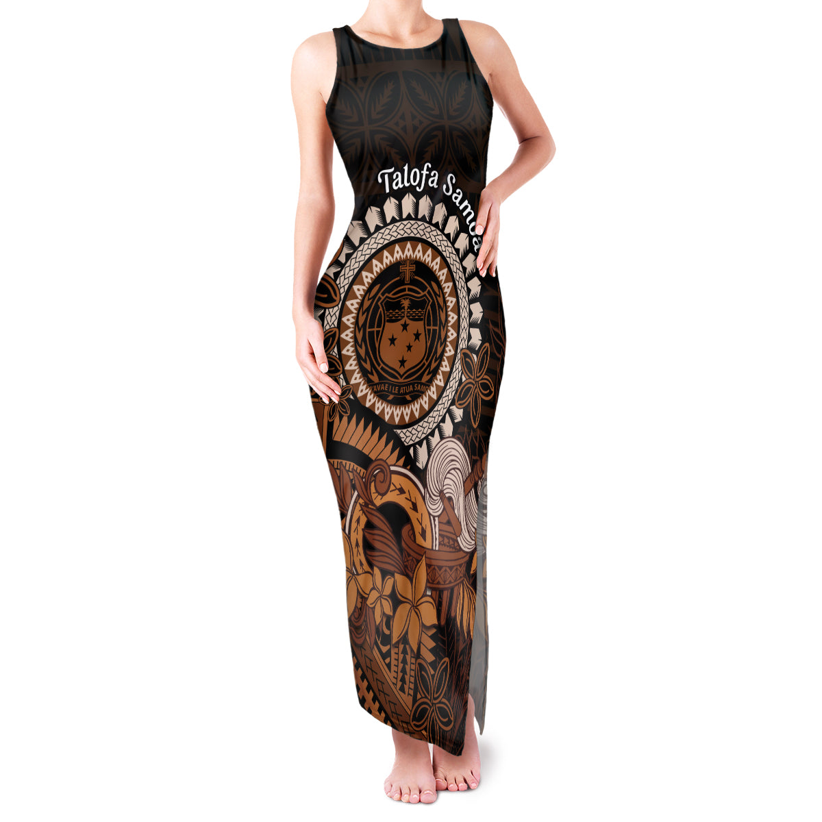 Talofa Samoa Family Matching Tank Maxi Dress and Hawaiian Shirt Samoan Kava Bowl Siapo Pattern - Brown LT14 Mom's Dress Brown - Polynesian Pride