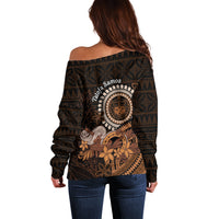 Talofa Samoa Off Shoulder Sweater Samoan Kava Bowl Siapo Pattern - Brown LT14 - Polynesian Pride