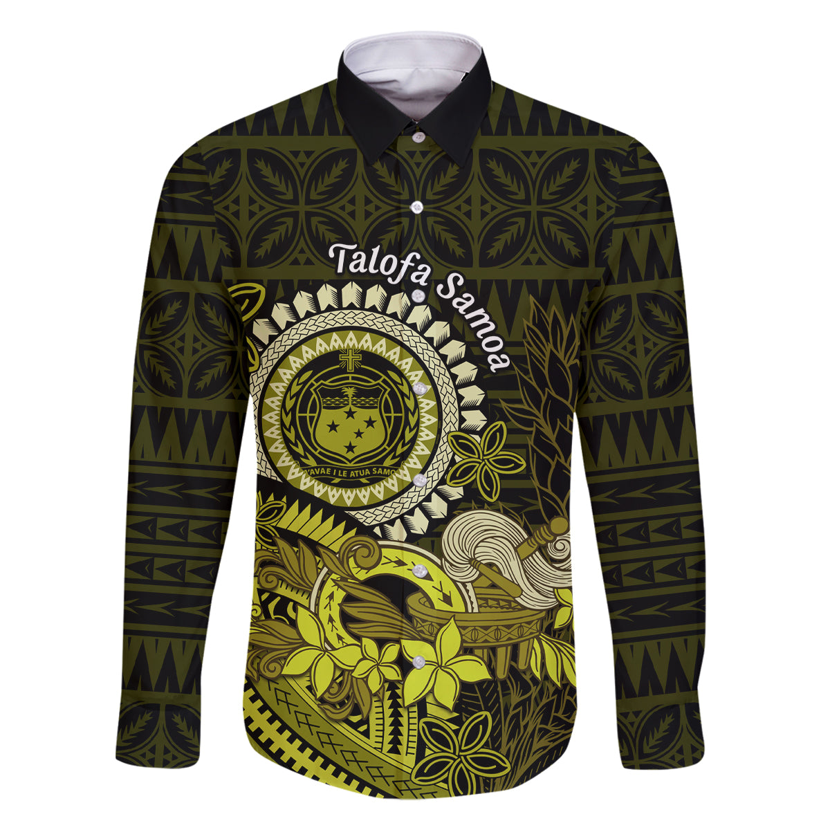 Lime Green Talofa Samoa Family Matching Off Shoulder Long Sleeve Dress and Hawaiian Shirt Samoan Kava Bowl Siapo Pattern LT14 Dad's Shirt - Long Sleeve Lime Green - Polynesian Pride