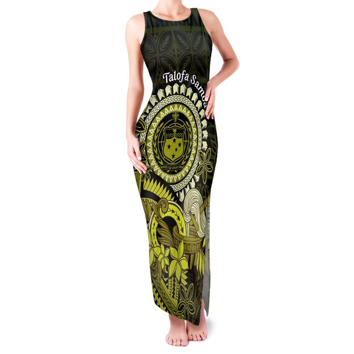 Lime Green Talofa Samoa Family Matching Tank Maxi Dress and Hawaiian Shirt Samoan Kava Bowl Siapo Pattern LT14 Mom's Dress Lime Green - Polynesian Pride
