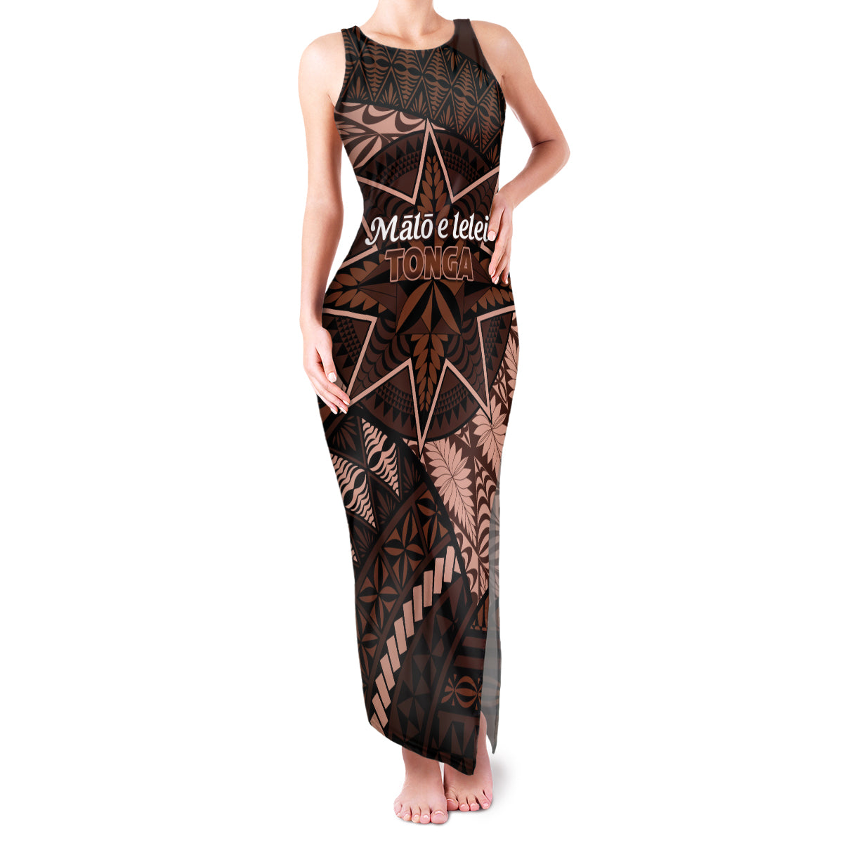 Malo e lelei Tonga Family Matching Tank Maxi Dress and Hawaiian Shirt Tongan Ngatu Pattern Vintage Vibes LT14 Mom's Dress Brown - Polynesian Pride