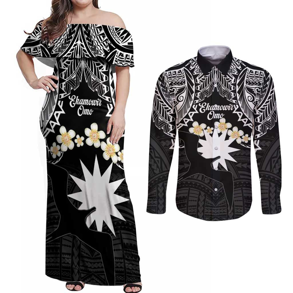 Ekamowir Omo Nauru Couples Matching Off Shoulder Maxi Dress and Long Sleeve Button Shirt Naoero Twelve-pointed Star Polynesian Tattoo LT14 Black - Polynesian Pride