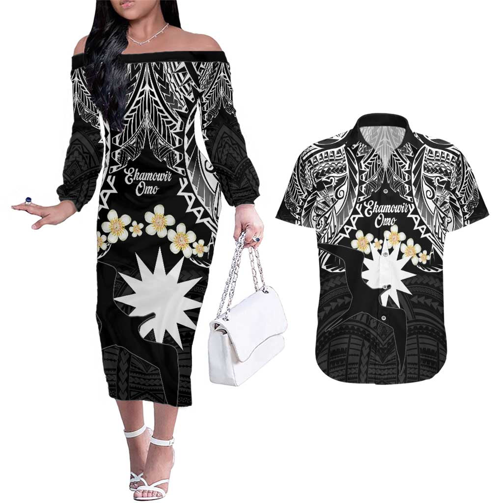 Ekamowir Omo Nauru Couples Matching Off The Shoulder Long Sleeve Dress and Hawaiian Shirt Naoero Twelve-pointed Star Polynesian Tattoo LT14 Black - Polynesian Pride
