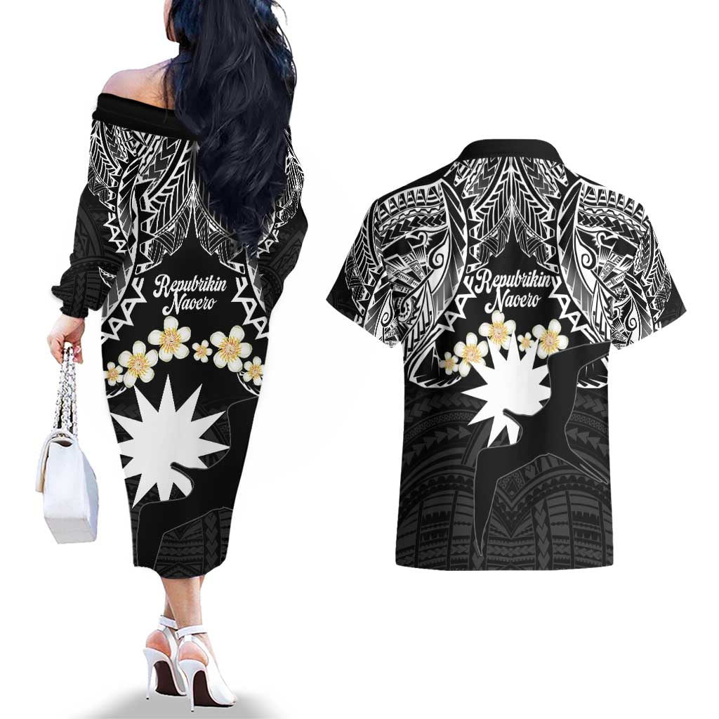 Ekamowir Omo Nauru Couples Matching Off The Shoulder Long Sleeve Dress and Hawaiian Shirt Naoero Twelve-pointed Star Polynesian Tattoo LT14 - Polynesian Pride