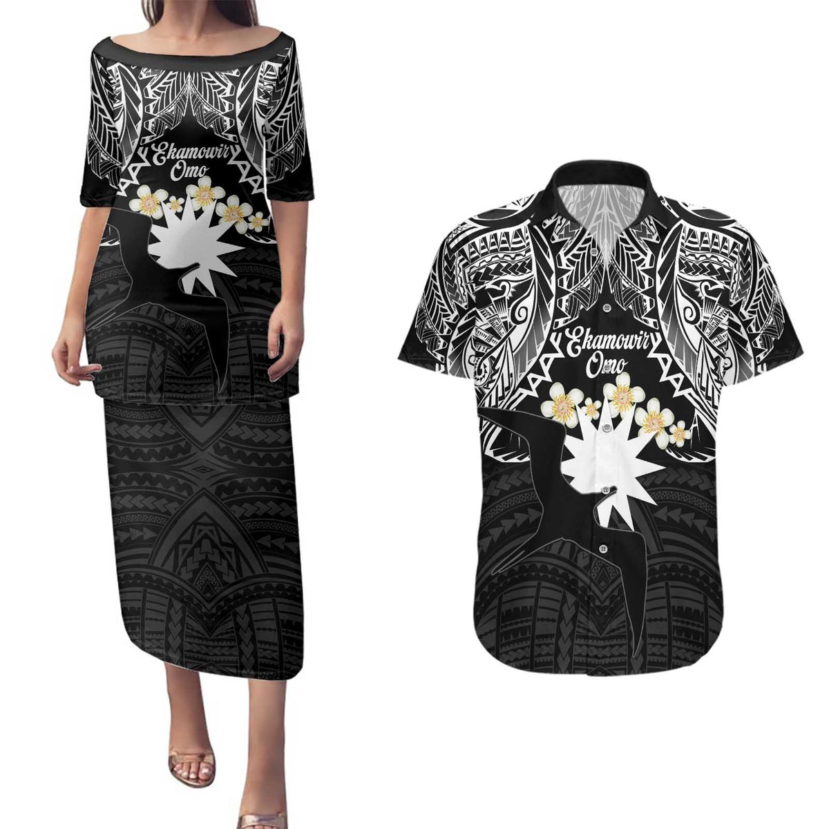 Ekamowir Omo Nauru Couples Matching Puletasi and Hawaiian Shirt Naoero Twelve-pointed Star Polynesian Tattoo