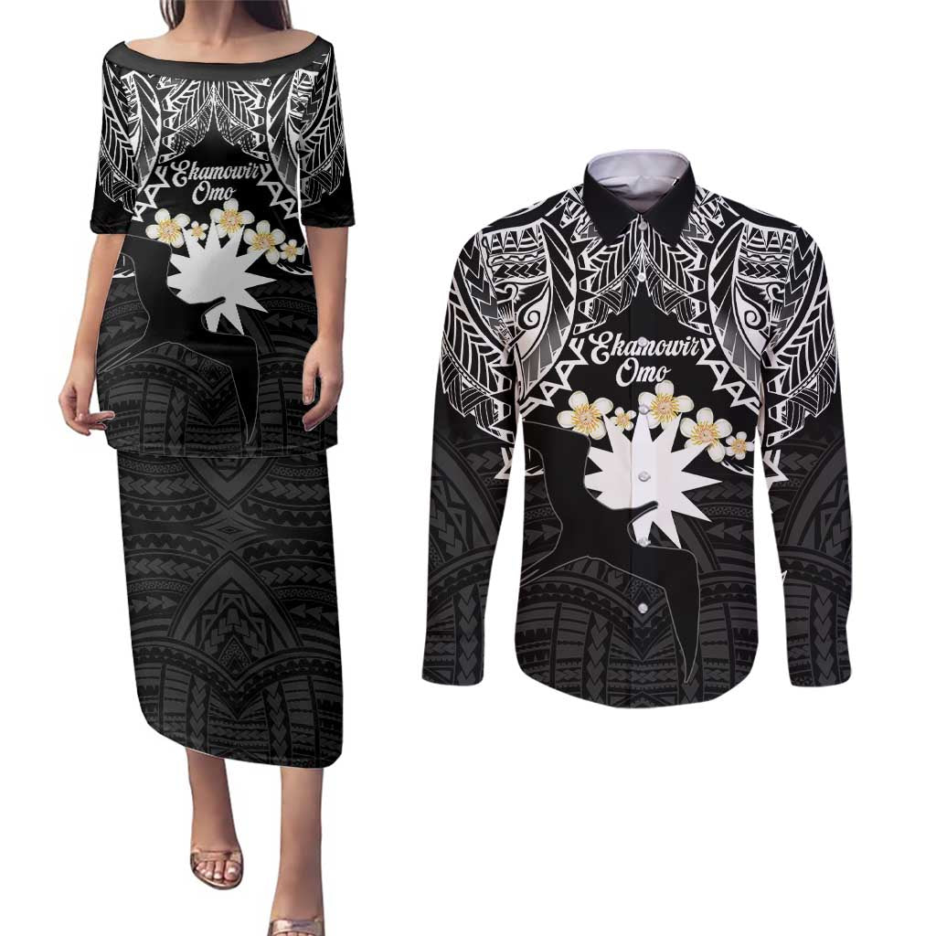 Ekamowir Omo Nauru Couples Matching Puletasi and Long Sleeve Button Shirt Naoero Twelve-pointed Star Polynesian Tattoo LT14 Black - Polynesian Pride