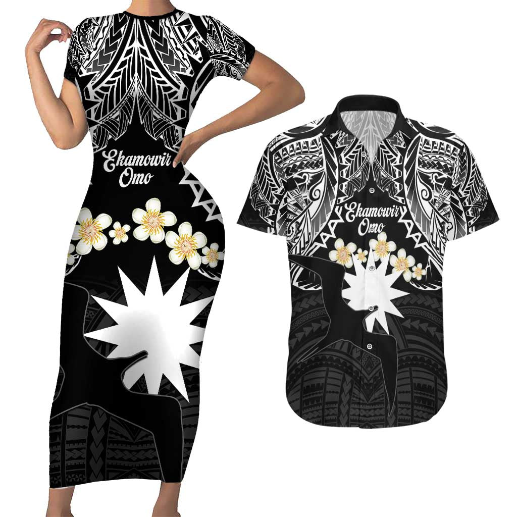 Ekamowir Omo Nauru Couples Matching Short Sleeve Bodycon Dress and Hawaiian Shirt Naoero Twelve-pointed Star Polynesian Tattoo LT14 Black - Polynesian Pride