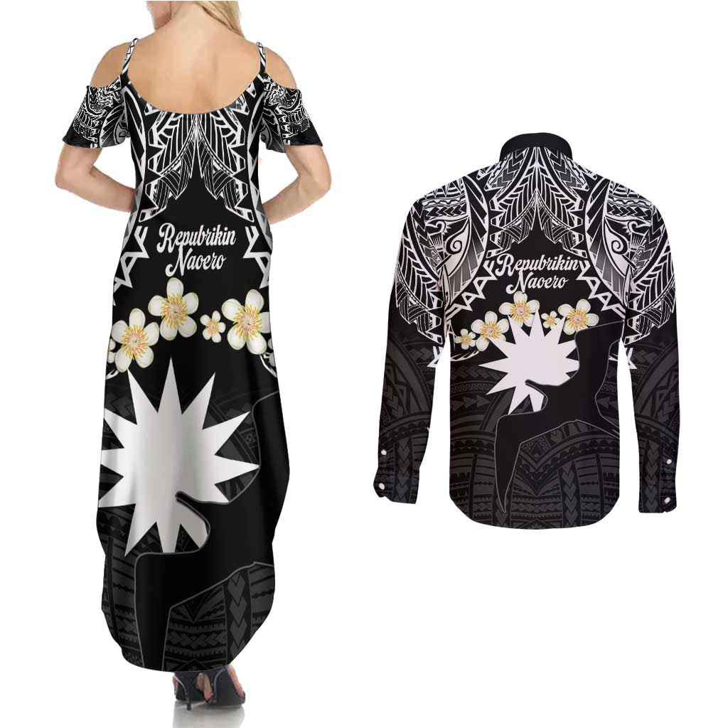 Ekamowir Omo Nauru Couples Matching Summer Maxi Dress and Long Sleeve Button Shirt Naoero Twelve-pointed Star Polynesian Tattoo