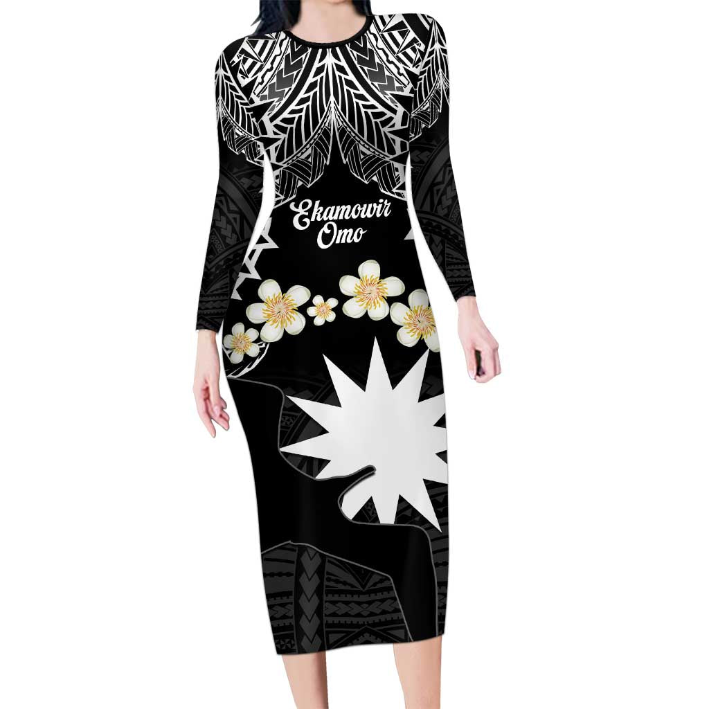 Ekamowir Omo Nauru Family Matching Long Sleeve Bodycon Dress and Hawaiian Shirt Naoero Twelve-pointed Star Polynesian Tattoo LT14 Mom's Dress Black - Polynesian Pride