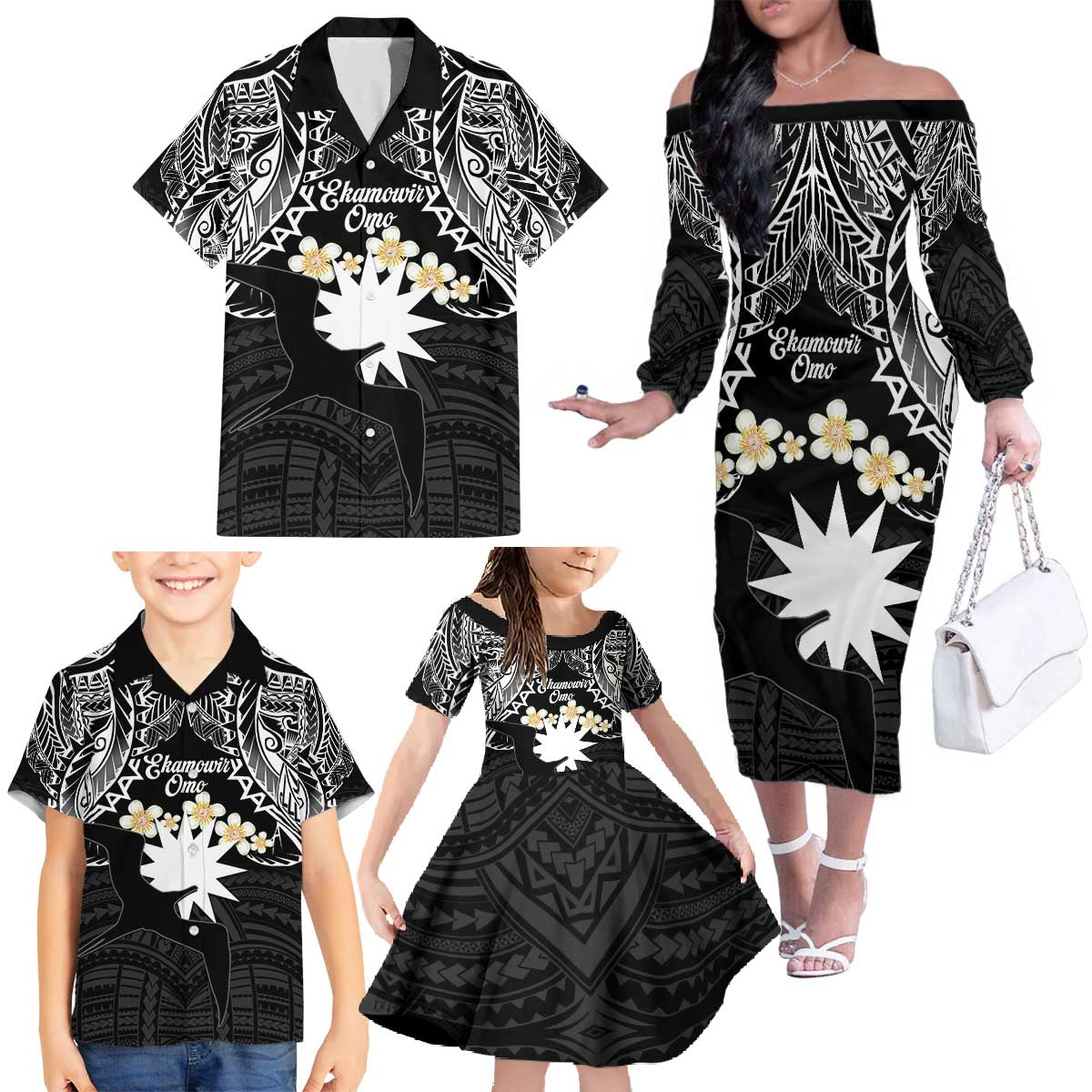 Ekamowir Omo Nauru Family Matching Off The Shoulder Long Sleeve Dress and Hawaiian Shirt Naoero Twelve-pointed Star Polynesian Tattoo LT14 - Polynesian Pride