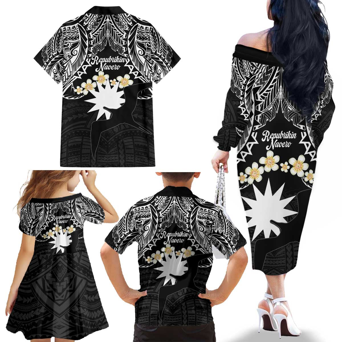 Ekamowir Omo Nauru Family Matching Off The Shoulder Long Sleeve Dress and Hawaiian Shirt Naoero Twelve-pointed Star Polynesian Tattoo LT14 - Polynesian Pride