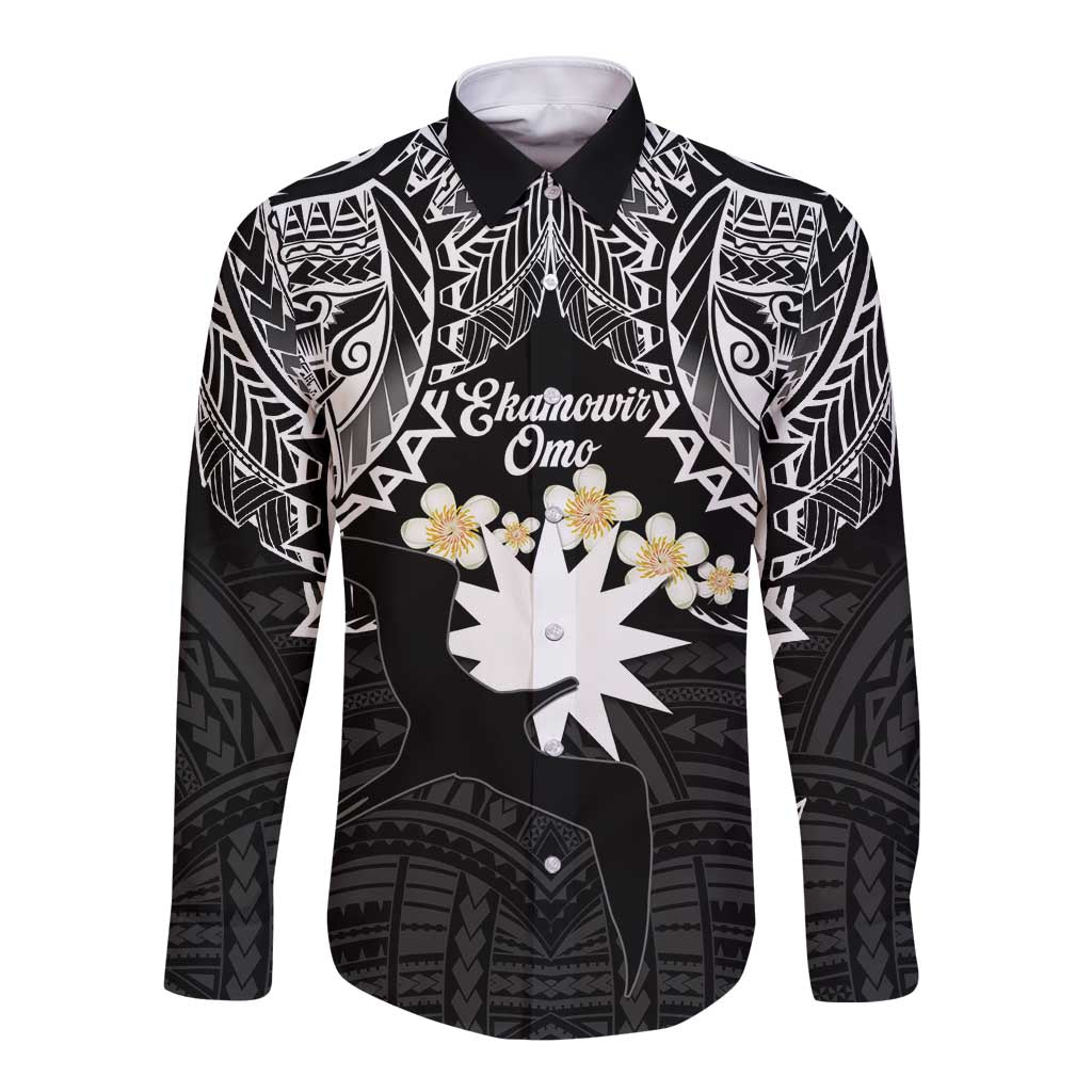 Ekamowir Omo Nauru Long Sleeve Button Shirt Naoero Twelve-pointed Star Polynesian Tattoo LT14 Unisex Black - Polynesian Pride