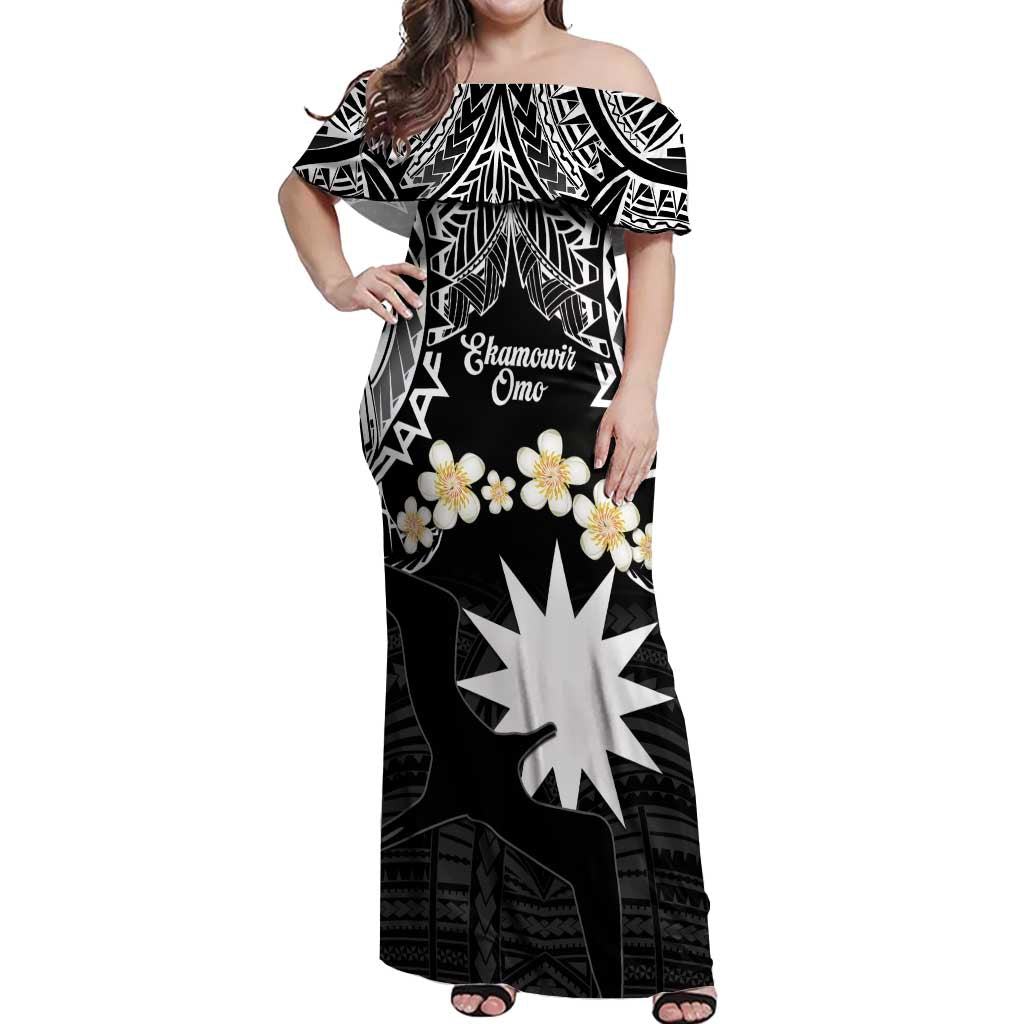 Ekamowir Omo Nauru Off Shoulder Maxi Dress Naoero Twelve-pointed Star Polynesian Tattoo LT14 Women Black - Polynesian Pride