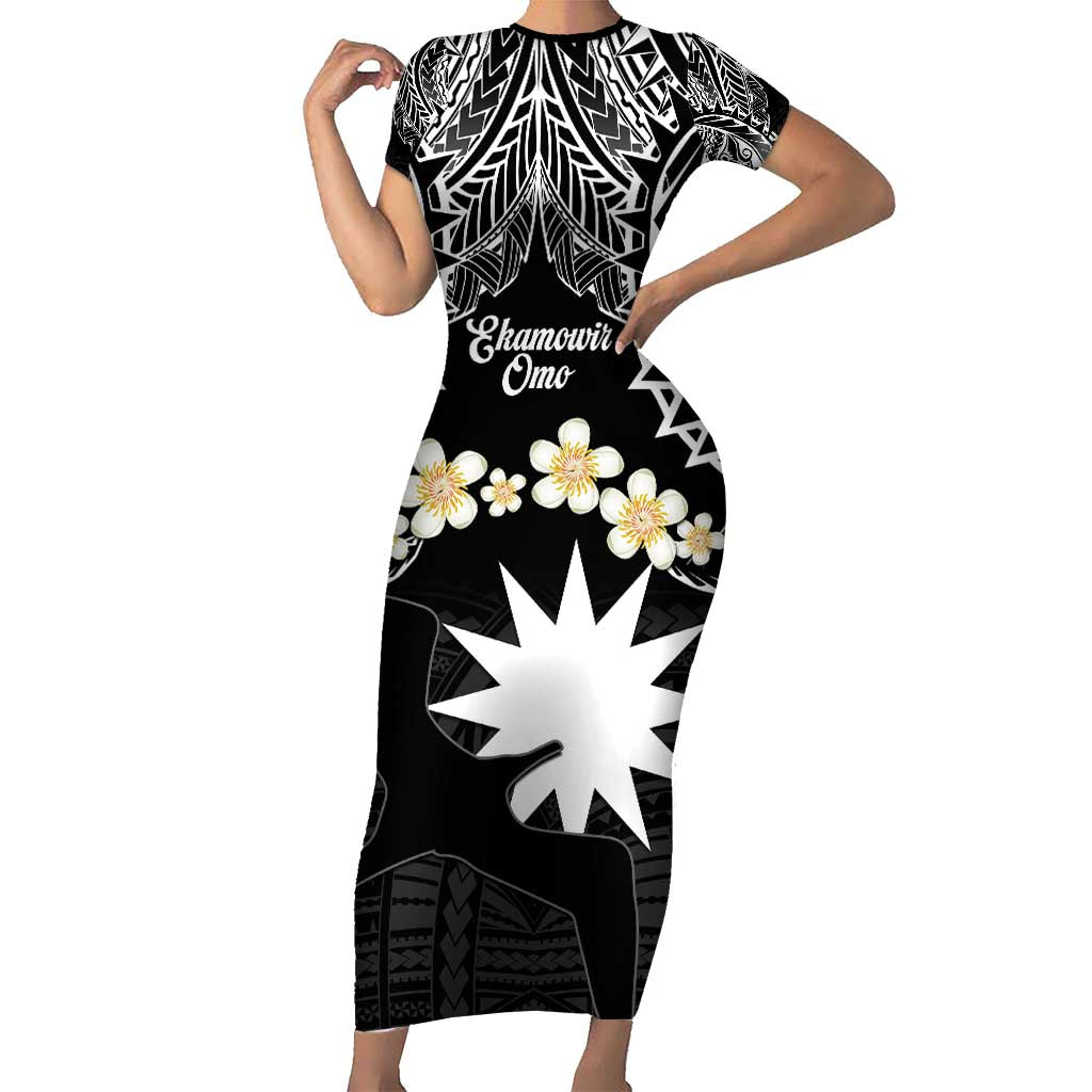 Ekamowir Omo Nauru Short Sleeve Bodycon Dress Naoero Twelve-pointed Star Polynesian Tattoo LT14 Long Dress Black - Polynesian Pride