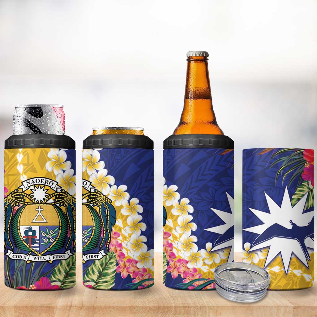 Nauru Independence Day 4 in 1 Can Cooler Tumbler Coat Of Arms With Tropical Flowers