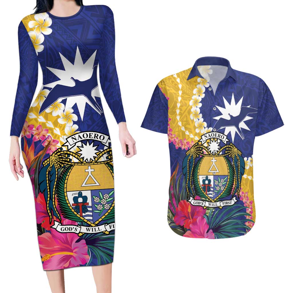Nauru Independence Day Couples Matching Long Sleeve Bodycon Dress and Hawaiian Shirt Coat Of Arms With Tropical Flowers LT14 Blue - Polynesian Pride