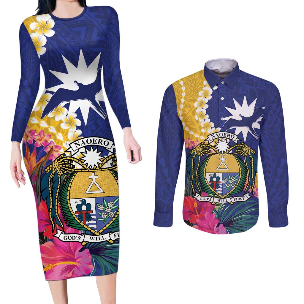 Nauru Independence Day Couples Matching Long Sleeve Bodycon Dress and Long Sleeve Button Shirt Coat Of Arms With Tropical Flowers LT14 Blue - Polynesian Pride