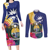 Nauru Independence Day Couples Matching Long Sleeve Bodycon Dress and Long Sleeve Button Shirt Coat Of Arms With Tropical Flowers LT14 Blue - Polynesian Pride